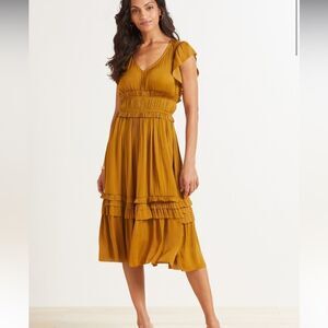 Roan + Ryan Talulah Dress beautiful gold color fabric flattering ruffles